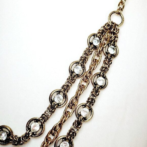 Antiqued Gold Tone Triple Strand Necklace Rhinestones Weighty Nautical Clasp 32" - Picture 5 of 7